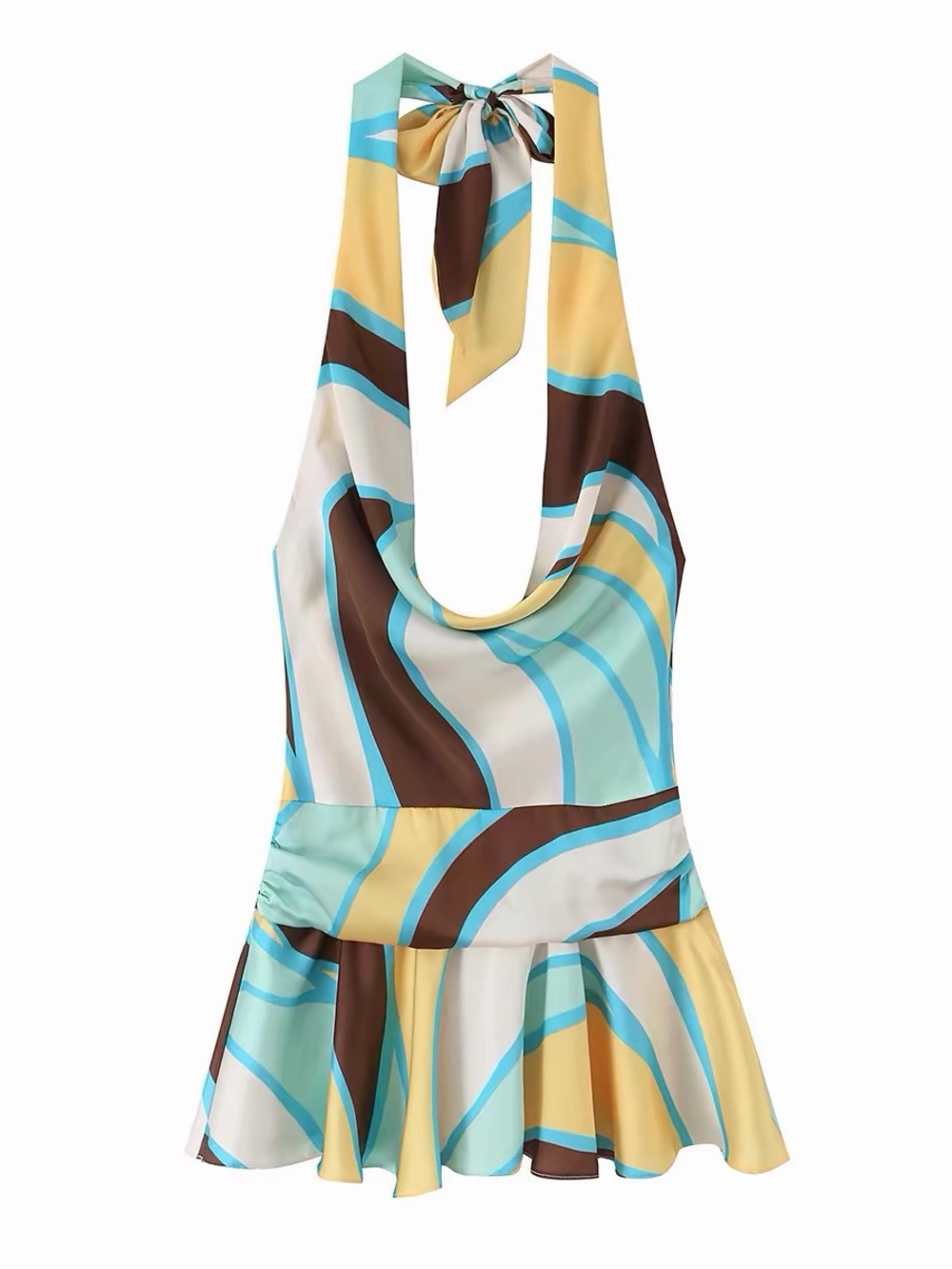 Halter Mini Dress in Yellow, Aqua & Brown